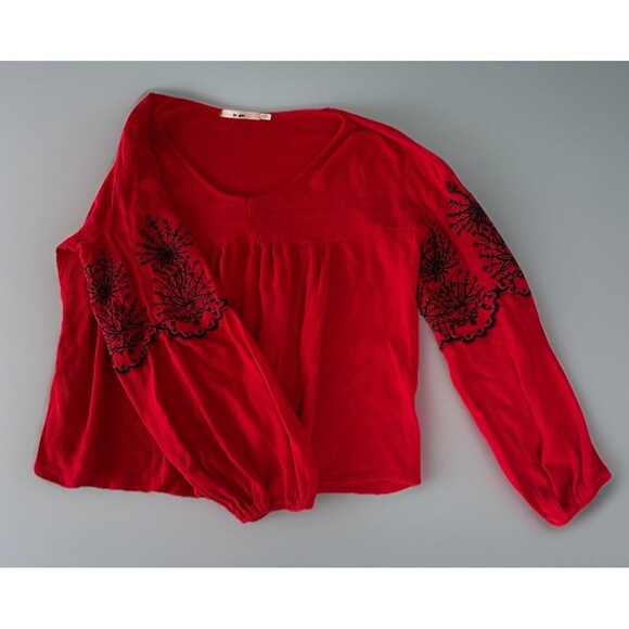 Mi Ami Gauzy Red Boho Top Red With Black Embroidered Balloon Sleeve Size Small - Picture 1 of 8